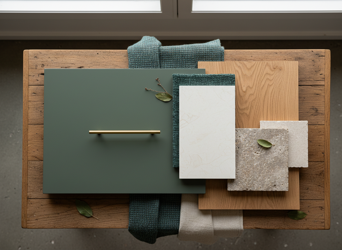 Coordinated sage green cabinet, oak, stone, fabric and brass finish samples, illustrative concept image