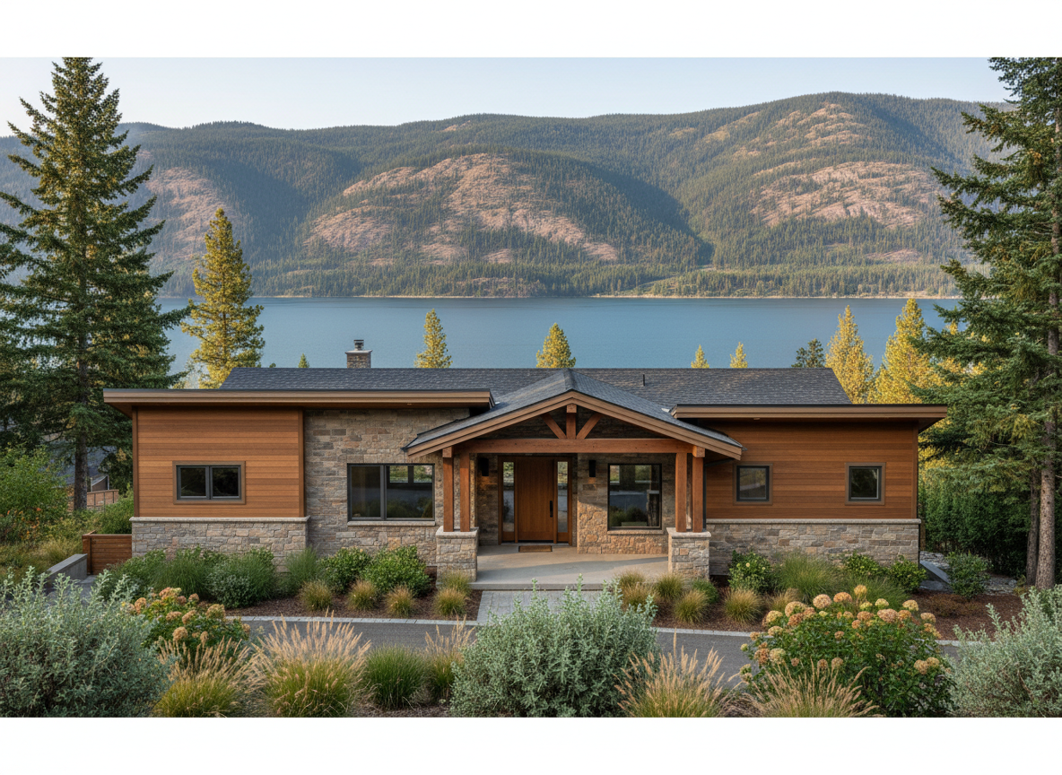 Stone and wood home surrounded by trees and landscaping near a lake, illustrative concept image