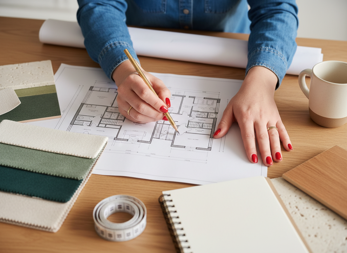 Woman's hands with bright red nail polish reviewing house plans and material samples, illustrative concept image