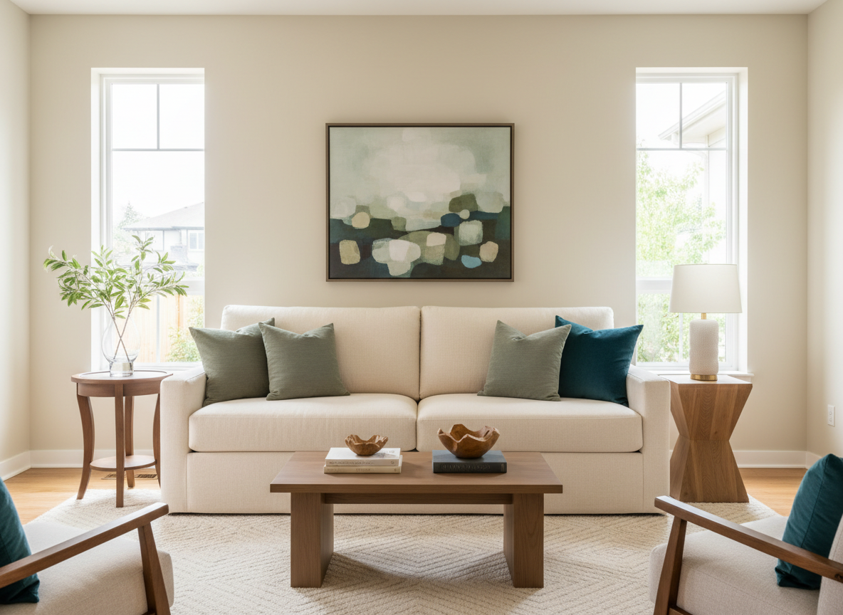 Thoughtfully staged bright living room with warm neutrals and subtle sage accents
